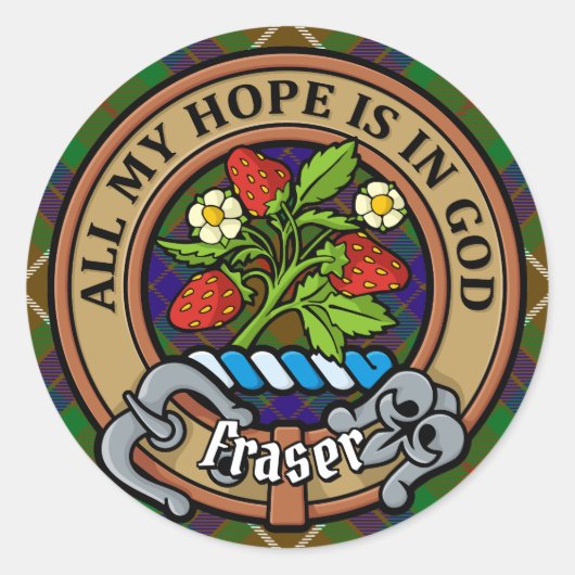 Clan Fraser Crest over jagen Tartan Ronde Sticker (Voorkant)