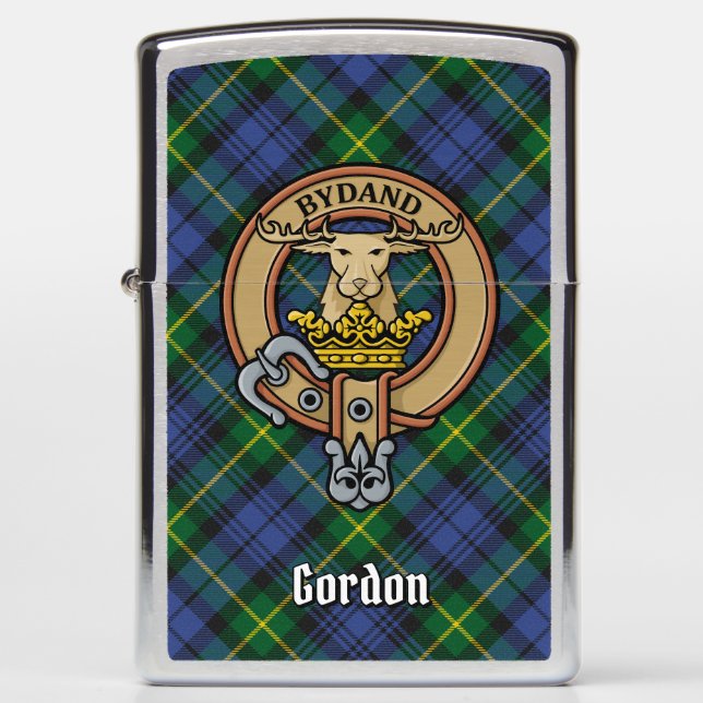 Clan Gordon Crest over Tartan Zippo Lighter (Voorkant)