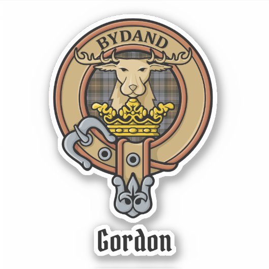 Clan Gordon Crest over Weathered Tartan Sticker (Voorkant)
