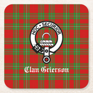 Clan Grierson Crest Badge & Tartan Vierkante Kartonnen Onderzetter
