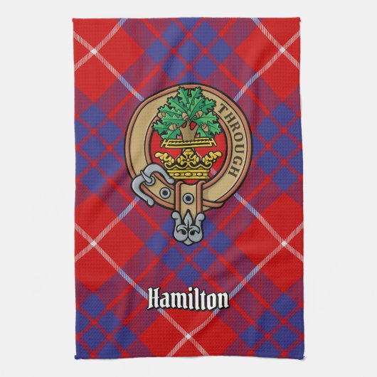 Clan Hamilton Crest over Red Tartan Kitchen Towel Theedoek (Verticaal)