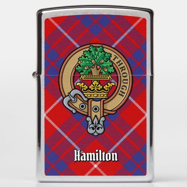 Clan Hamilton Crest over Red Tartan Zippo Lighter (Voorkant)