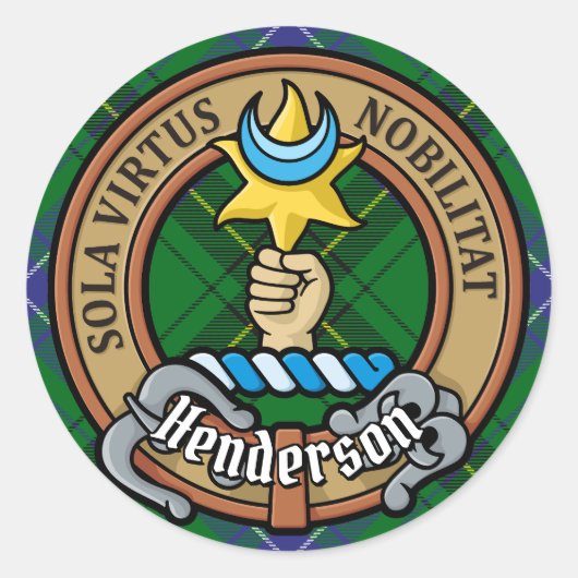 Clan Henderson Crest over Tartan Ronde Sticker (Voorkant)