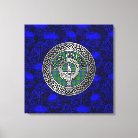 Clan Hunter Crest & Tartan Knot op Thistle Canvas Afdruk (Voorkant)