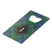 Clan Johnston Crest over Tartan Kredietkaart Flessenopener (Voorkant Gekanteld)
