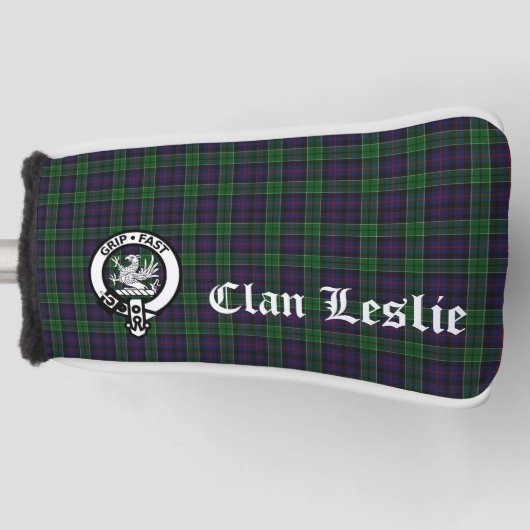 Clan Leslie Crest Badge en Tartan Golfheadcover (Voorkant)