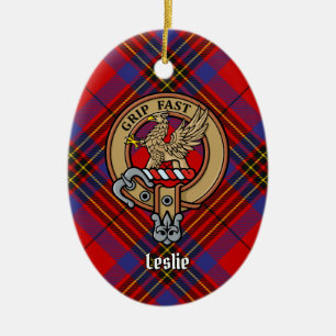 Clan Leslie Crest over Red Tartan Keramisch Ornament