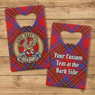 Clan Leslie Crest over Red Tartan Kredietkaart Flessenopener