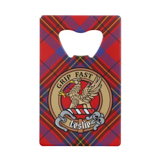 Clan Leslie Crest over Red Tartan Kredietkaart Flessenopener (Voorkant)
