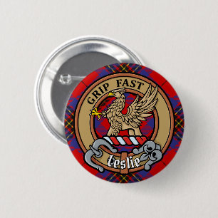 Clan Leslie Crest over Red Tartan Ronde Button 5,7 Cm
