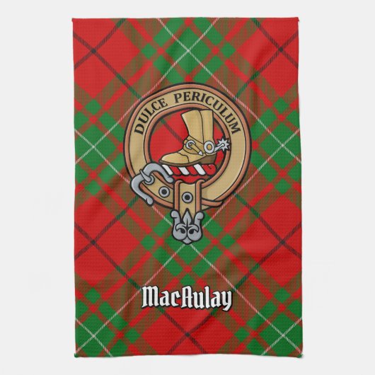 Clan MacAulay Crest over Tartan keukenhanddoek (Verticaal)
