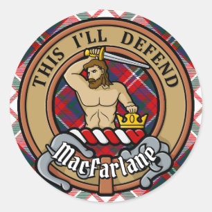 Clan MacFarlane Crest over Jurk Tartan Ronde Sticker