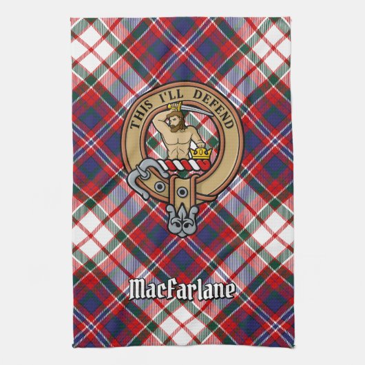 Clan MacFarlane Crest over Jurk Tartan Theedoek (Verticaal)