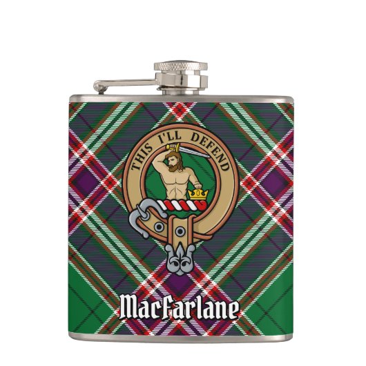 Clan MacFarlane Crest over moderne jacht Tartan Heupfles (Voorkant)