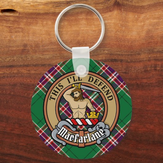 Clan MacFarlane Crest over moderne jacht Tartan Sleutelhanger (Voorkant)