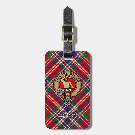 Clan MacFarlane Crest over Rode Tartan Bagagelabel (Voorkant verticaal)