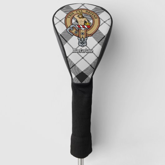 Clan MacFarlane Crest over zwart-wit tartaan Golfheadcover (Voorkant)