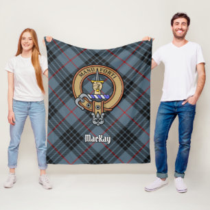 Clan MacKay Crest over Blue Tartan Fleece Deken