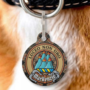Clan MacKenzie Crest over bruine jacht-tartan Huisdierpenning