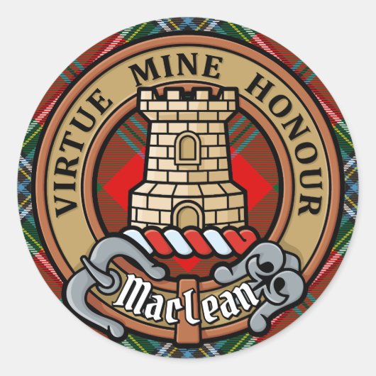 Clan MacLean Crest over Tartan Ronde Sticker (Voorkant)