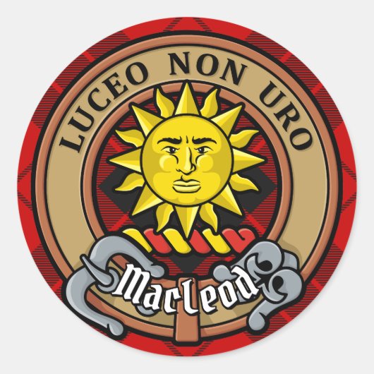 Clan MacLeod van Raasay Crest over Tartan Ronde Sticker (Voorkant)