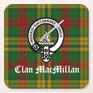 Clan MacMillan Crest Badge en Tartan Vierkante Kartonnen Onderzetter