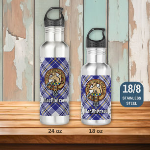 Clan MacPherson Crest over blauwe jurk Tartan Waterfles