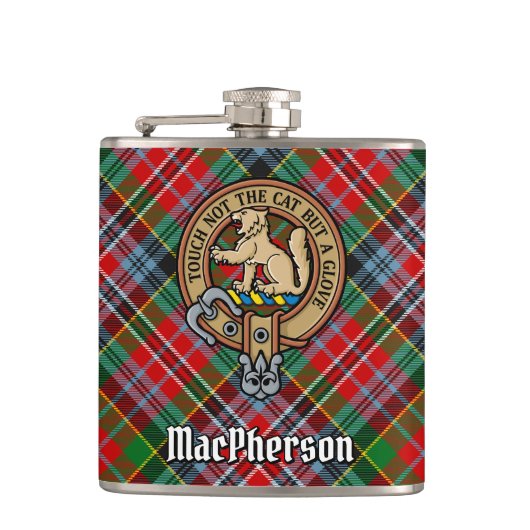 Clan MacPherson Crest over Tartan Heupfles (Voorkant)