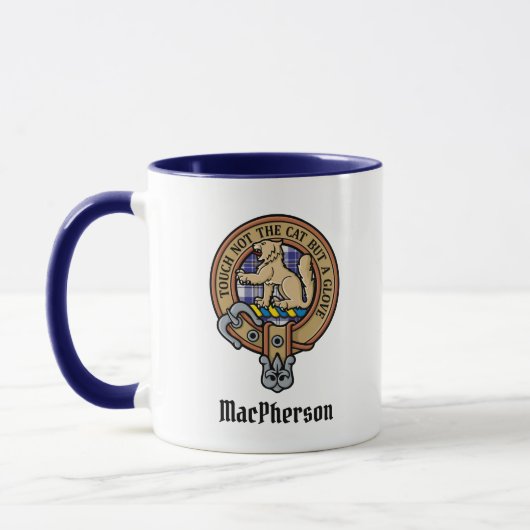Clan MacPherson Crest sur la robe bleue Tartan Mug (Gauche)