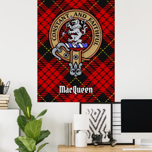 Clan MacQueen Crest boven Tartan Poster (Thuiskantoor)