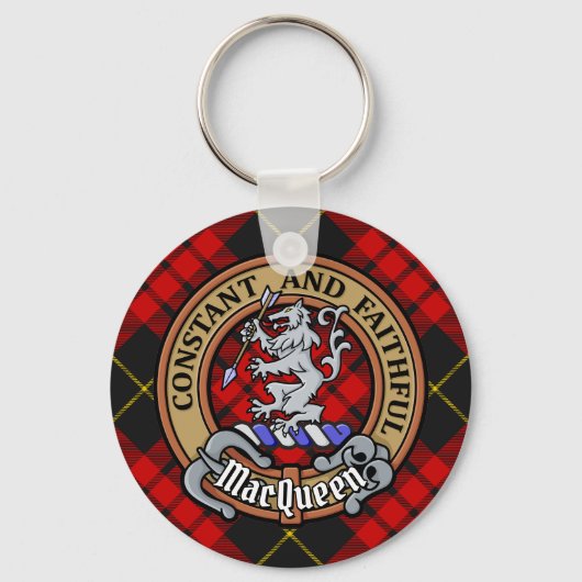 Clan MacQueen Crest boven Tartan Sleutelhanger (Voorkant)