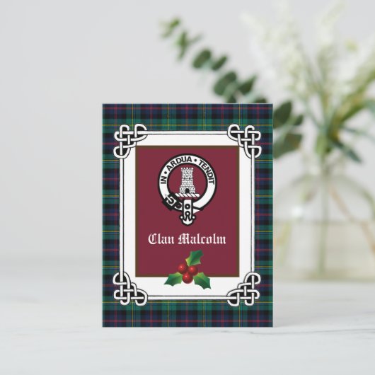 Clan Malcolm Crest Badge & Tartan Holiday Carte po (Debout devant)