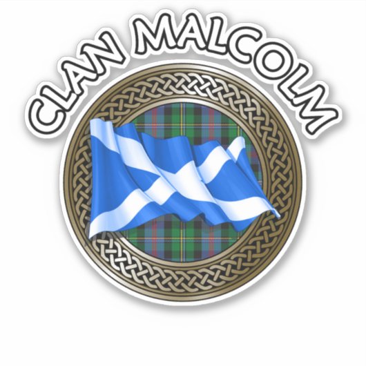 Clan Malcolm Tartan Knot & Flag Sticker (Voorkant)