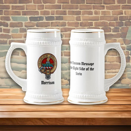 Clan Morrison Crest over Red Tartan Beer Stein Bierpul