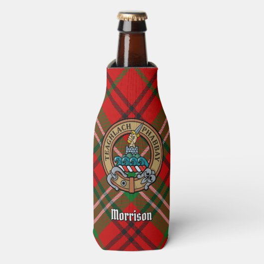 Clan Morrison Crest over Red Tartan Bottle Cooler (Fles Voorkant)