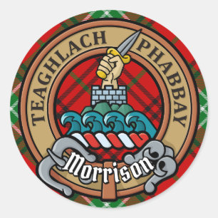 Clan Morrison Crest over Red Tartan Ronde Sticker