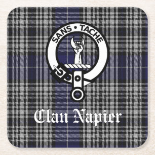 Clan Napier Crest Badge en Tartan Vierkante Kartonnen Onderzetter