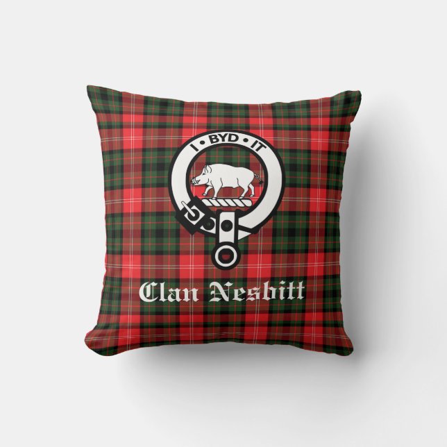 Clan Nesbitt Crest Badge & Tartan Persoonlijk Kussen (Voorkant)