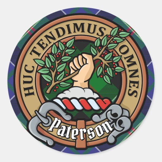 Clan Paterson Crest over Tartan Ronde Sticker (Voorkant)