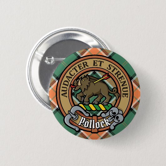 Clan Pollock Crest over Tartan Ronde Button 5,7 Cm (Voorkant /achterkant)