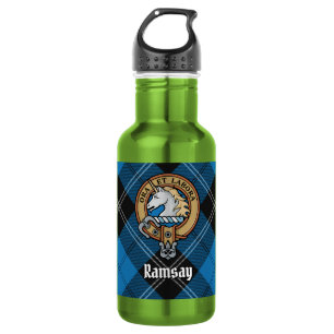 Clan Ramsay Wapen over Blauwe Jacht Tartan Waterfles