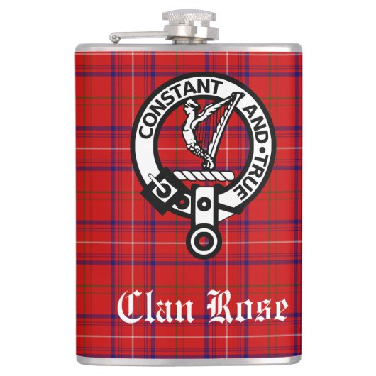Clan Roos Crest Badge en Tartan Heupfles (Voorkant)