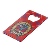Clan Roos Crest over Tartan Kredietkaart Flessenopener (Voorkant Gekanteld)