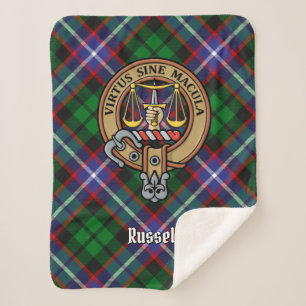 Clan Russell Crest over plaid Sherpa Deken