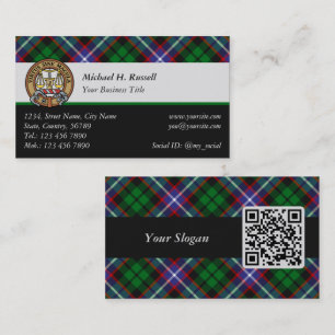 Clan Russell Crest over tartan Visitekaartje