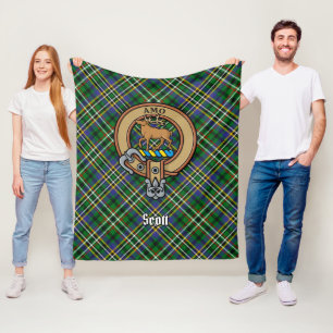 Clan Scott Crest over Green Tartan Fleece Deken