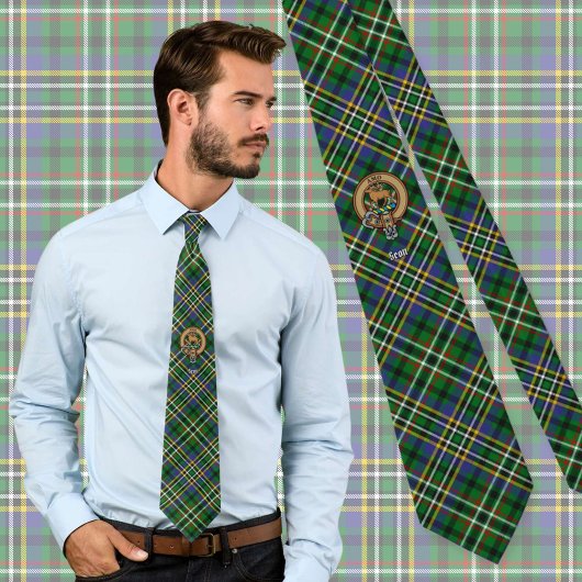 Clan Scott Crest over Green Tartan Stropdas