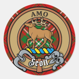 Clan Scott Crest over Red Tartan Ronde Sticker