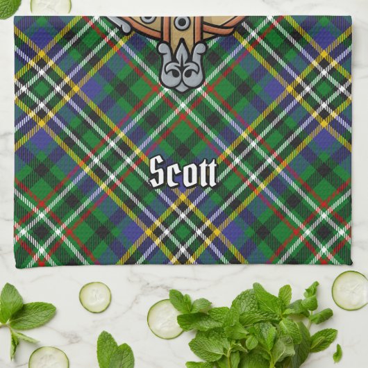 Clan Scott Crest sur le Tartan Vert Serviette de c (Plié)