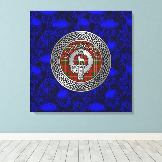 Clan Scott Crest & Tartan Knot op Thistle Canvas Afdruk (Insitu (Houten vloer))